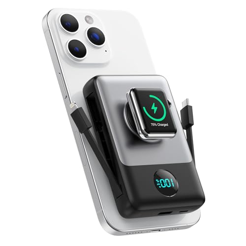 Magnetic Portable Charger 10800mAh for iPhone with Built-in Cables, 6-in-1 Wireless Power Bank with iWatch Charger, LCD Display 25W PD Fast Charging Battery Pack for iPhone 16/15/14/13/12, Apple Watch