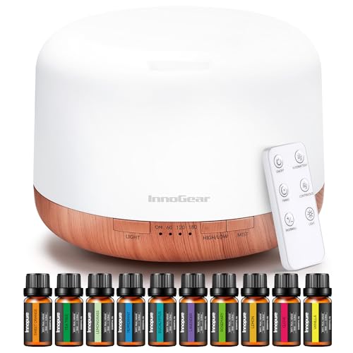 InnoGear Aromatherapy Diffuser & 10 Essential Oils Set, 500ml Essential Oil Diffuser with Remote Control Ultrasonic Cool Mist Scent Humidifier Vaporizer Auto-Off Timer for Room Office Home, Yellow