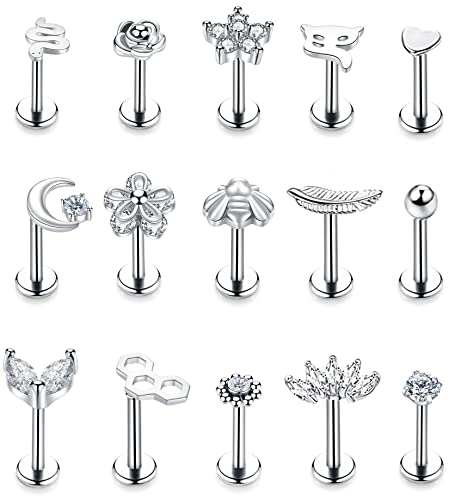 NICEIGHT 15PCS 16G 316L Stainless Steel Cartilage Earring Stud Internal Thread CZ Flower Moon Labret Studs Tragus Helix Monroe Piercing Jewelry Silver