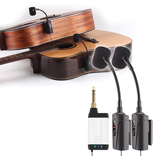 MAMKOES Double Microphone for Guitar Q2/AT-5G Guitar Microphone Wireless UHF Mic Instrument Condenser Pick Up Receiver and 2 Transmitter System for Classical and Acoustic Guitar