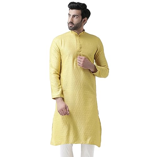 KISAH Men Light Yellow Embroidered Straight Kurta Full Sleaves, Knee Length, Straight, Regular Fit, Mandarin Collar Ethnic Casual wear