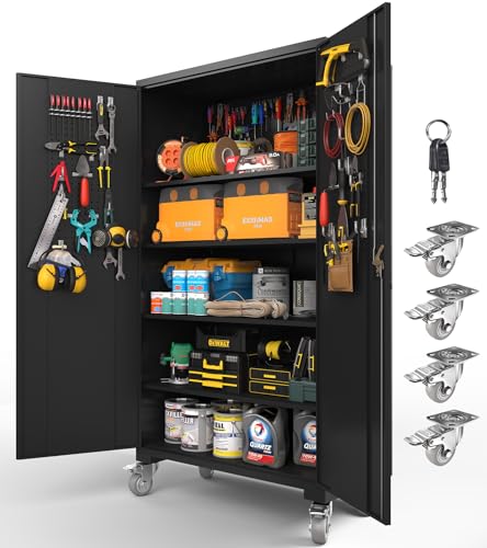 Upgraded Tall & Wide Metal Storage Cabinet with Doors & 4 Adjustable Shelves | Heavy-Duty Black Lockable Garage Cabinet with Wheels & Pegboard for Office, Gym, Basement, Warehouse (Black)