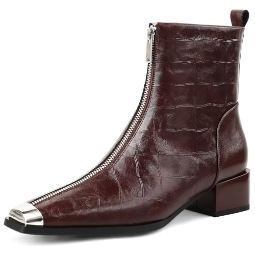 Husmeu Womens Handmade Ankle Boots Low Heel Genuine Patent Leather Square Toe Front Zipper Booties Brown Size 7