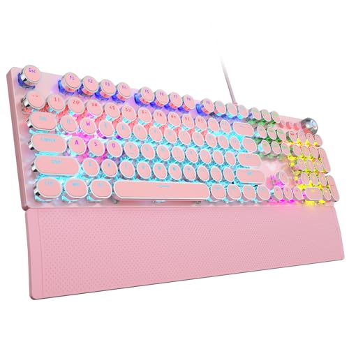 AULA F2088 Typewriter Style Mechanical Gaming Keyboard,Rainbow LED Backlit,Removable Wrist Rest,Media Control Knob,Retro Punk Round Keycaps,USB Wired Computer Keyboard,Pink