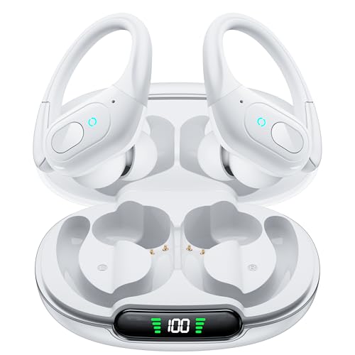 occiam Wireless Earbuds Bluetooth Headphones 90H Playback Sport Ear Buds with Earhook LED Display Charging Case in Ear Sweatproof Running Earphones for Workout iOS Android Cellphone,White
