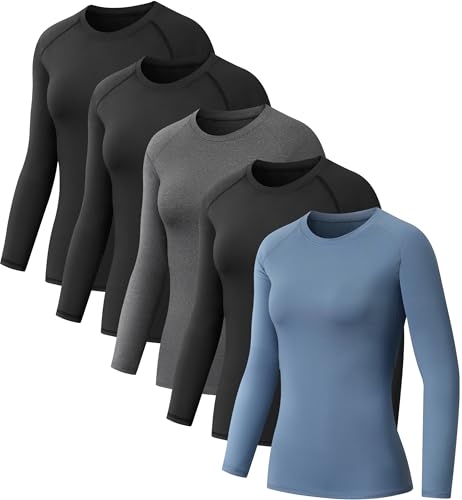 NebuKinex 5 Pack Women's Compression Shirt Long Sleeve Workout Tops Athletic Baselayer Quick Dry Gym Yoga Running T-Shirt 3Black/Grey/Blue L