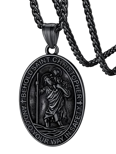 FaithHeart Black St. Christopher Necklace for Men Christian Amulet Jewelry with Stainless Steel Wheat Chain Oval Medal Pendant for Prayer