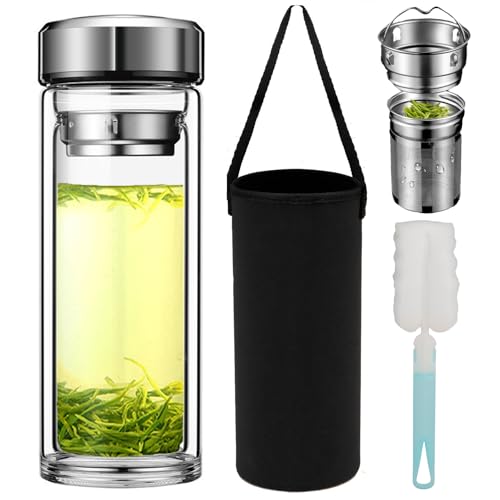 Pauzema Tea Tumbler with Infuser, 20oz Tea Bottle with 2 in 1 Infuser, Double Wall Borosilicate Glass Tea Bottle 100% Leak-Proof with Stainless Steel Filter 600ml