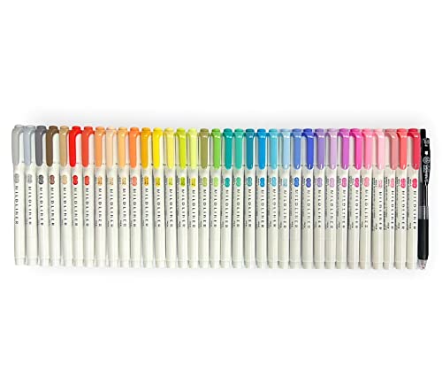 Zebra Mildliner Soft Double-Sided Highlighter 35 Full Color Assorted with Sarasa Clip Pen Black 0.5mm and Original Vinyl Pen Case