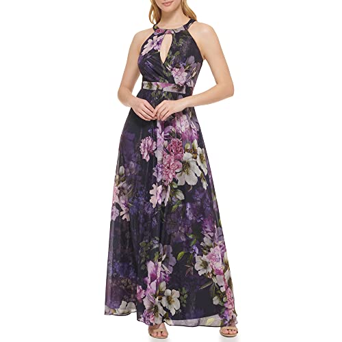 Jessica Howard Women's Petite Floral Lurex Chiffon Gown – Sleeveless Maxi Wedding Guest Dress, Navy/Multi, 10