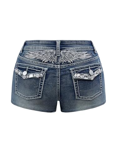 Milumia Women's Y2k Rhinestone Decor Denim Shorts Punk Skinny Mini Shorts with Pocket Blue X-Small