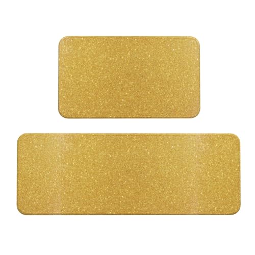 Xiso Ver Gold Shiny Kitchen Mat 2PCS Kitchen Rugs, Cushioned Anti Fatigue Non Skid Waterproof Floor Mats for Home,Office,Sink,Laundry,Desk