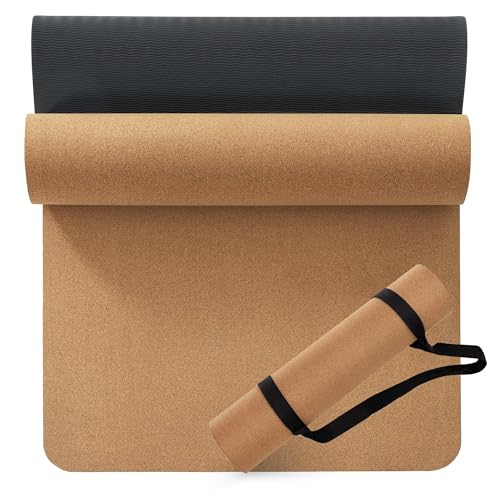 Premium Cork Yoga Exercise Mat 1/4 x 72 x 26 in, Cork and TPE Non Slip Yoga Mats for Women Men, Sweat proof Eco-friendly, Great for Hot Yoga & Workout