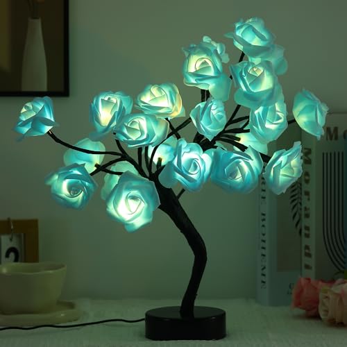 Rose Flower Tree Lamp - LED Rose Tree Table Lamp USB/Battery Powered Artificial Bonsai Flower Night Light for Bedroom Living Room Party Wedding Birthday Decor (Blue)