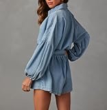 Lantern Long Sleeve Denim Romper for Women Elastic Waist Tie Front Jean Jumpsuit Short Playsuits