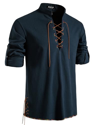 JEMITOP Men's Vintage Renaissance Costume Long Sleeve Lace Up Shirts for Pirate Viking Medieval Vampire Halloween Cosplay Clothing Navy Blue-D XXXL