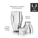 Viski Penguin Cocktail Shaker with Strainer, Stainless Steel Shaker Bottle, Bar Essentials, Home Bartender Shaker and Strainer Set, 17 oz.