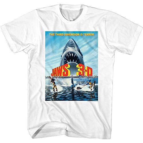 American Classics Jaws Horror Movie 3-D The Third Dimension is Terror Poster Image Adult Short Sleeve Graphic T-Shirt White, 2XL