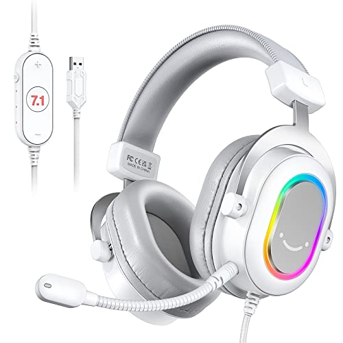 FIFINE USB Gaming Headset, PC Headphones Wired with Microphone for Computer/Laptop, Over-Ear RGB Headset with 7.1 Surround Sound, Noise Cancellation for Streaming Video Game- AmpliGame H6 (White)