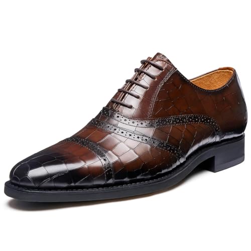Jepsengord Men's Dress Shoes Alligator Crocodile Print Genuine Cowhide Leather Oxfords Luxury Formal Business Wedding Shoes, Dark Brown, 11.5 Wide