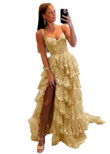 vintys Sparkly Lace Prom Dress for Women Tulle Long Spaghetti Straps Tiered Corset Backless Formal Party Evening Dresses with Train Gold Size 12