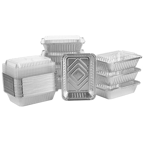 Aluminum Pans With Plastic Dome Lids - 50 Count - 2.25LB (8.5"x6") Oblong Pans - To Go Containers With Lids - Disposable Tin Foil Pans - Perfect For Catering, Meal Prep, Baking, Freezer Safe
