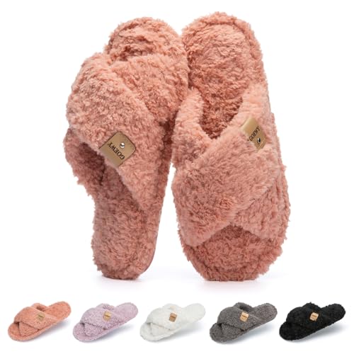 GOEWY Fuzzy Open Toe Slippers for Women Indoor and Outdoor with Memory Foam Cozy Cross Band Cute Slipper Soft House Shoes Slides Slip On Gifts for Women Mom Her Ladies Bridesmaid Pink