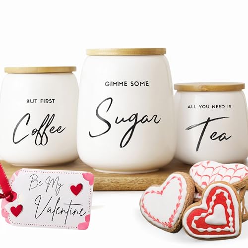 FIFTH FORK Coffee Tea and Sugar Ceramic Canister Set - 3-Piece Airtight Kitchen Canisters for Countertop - Coffee Bar Container Set