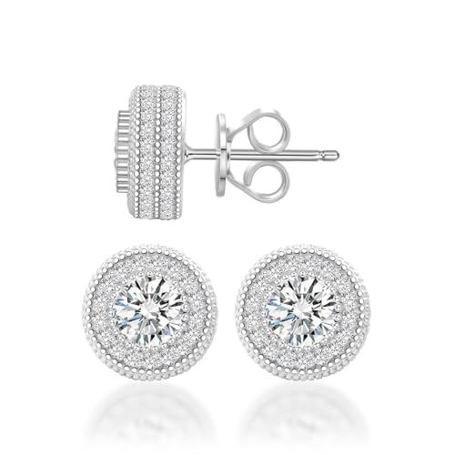 Delzzad Jewelry S925 Round Synthetic Moissanite Hip Hop Iced Out Halo Stud Earrings For Men Women Christmas Gifts (Silver, 7.5mm (Main Stone 3mm))