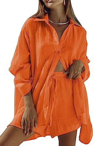 Fixmatti Matching Short Sets for Women Long Sleeve Button Down Shirt and Short Pant Summer Tracksuit Orange L