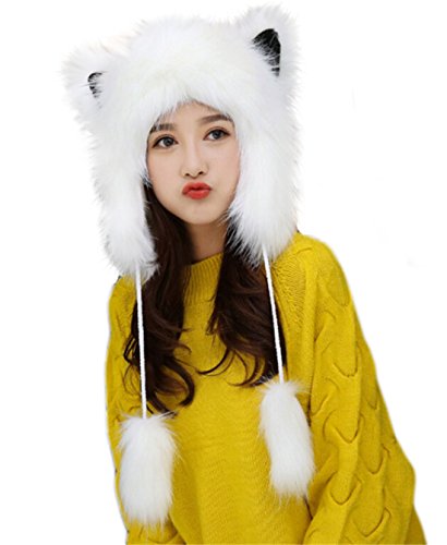 Cute Warm Plush Furry Faux Fur Hood Hat Spirit Ears Wolf Bear Cat Halloween Costume Xmas Winter Hood White