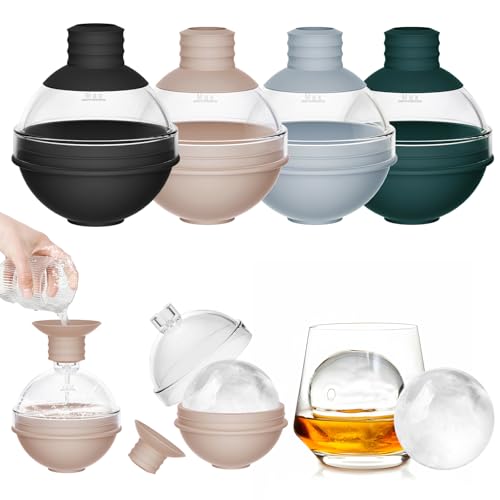 Large Ice Ball Molds for Whiskey & Cocktails with Funnel Lid - Big Sphere Ice Cube Trays for Drinks, Bourbon, and Wine, Silicone Round Ice Maker for Freezer (Set of 4) - Reusable Easy-Release Ice Tray