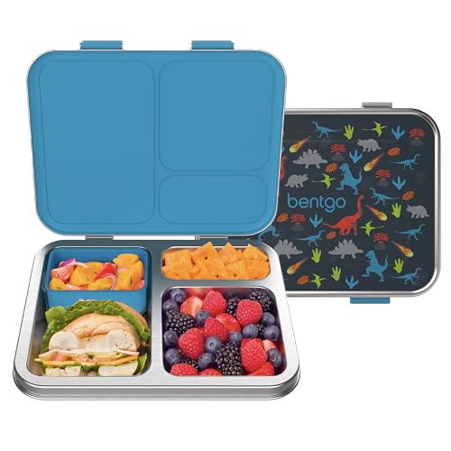 Bentgo Kids Stainless Steel Prints Leak-Resistant Lunch Box - 3-Compartments with Bonus Silicone Container, Durable, Eco-Friendly, Dishwasher Safe, BPA-Free, Ideal for School, Ages 3+ (Dinosaur)