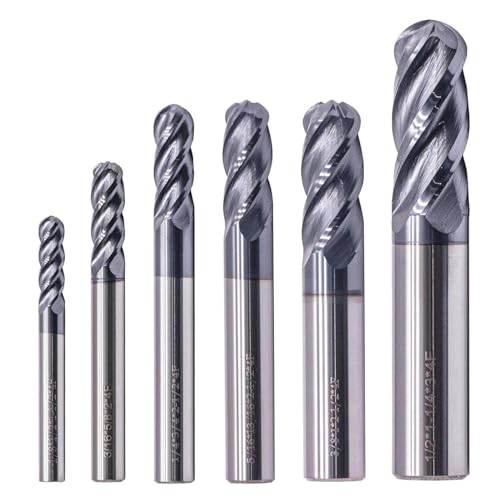 BestParts High Performance 6Pcs Solid Carbide Ball Nose End Mills Set 1/8", 3/16", 1/4", 5/16", 3/8", 1/2" - AlTiN Coated, 4 Flute, 30 Degree Helix, End Mill Bit Set, CNC Router Bit