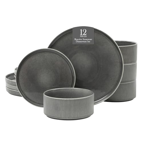 Gibson Elite Solana Coast 12 Piece Stoneware Reactive Glaze (Service for 4) Ceramic Plates and Bowls Modern Shape Embossed Dinnerware Set - Black