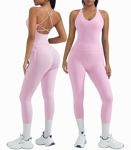 OMKAGI 2 Piece Workout Sets for Women Padded Workout Tops Booty Leggings with Pockets Gym Sets (S,445-Light Pink)