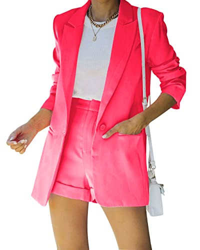 Fisoew Women's 2 Piece Open Front Long Sleeve Blazer and Solid Short Pants Suit Sets Rose Red