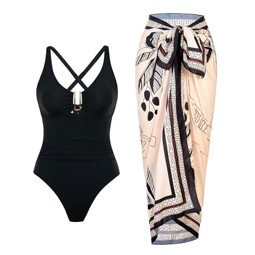 BAWHAHT One Piece Swimsuit Women with Cover Up Set Retro Bathing Suit for Women Tummy Control Beach Wrap Skirt Black