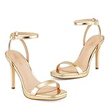 Women’s Stiletto Strappy Heeled Sandals, 4.3 Inch Square Open Toe Sexy High Heels Ankle Strap Buckle Heels for Party Wedding Dress Daily Wear Shoes Gold Size 7