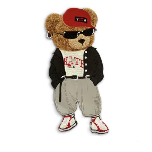 JRYYR 28cm*13cm Cool Bear Embroidery Patch, Teddy Bear Appliques Suitable for Decorative Clothing, Sweater, Home Textile, Backpack Patch, Applique (Style 4)