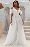 YMFFW Tulle Lace Beach Wedding Dress 2024 A Line Simple Boho Wedding Gowns Plus Size Bride Dress Ivory US6