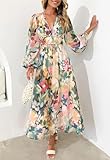 Maxigerui Women's Long Sleeve Boho Maxi Dress Floral Print Long Dress Green Floral M