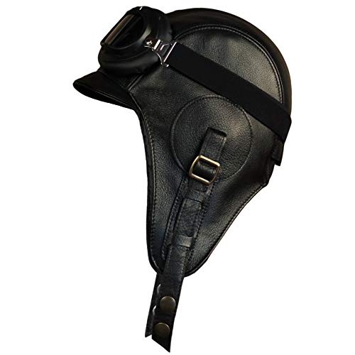 Real Leather Aviator Hat, Black Helmet, Pilot Cap, Men/Women, Simon Model (XLarge, Hat with Black Goggles)