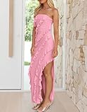 ZESICA Women's 2025 Strapless Bodycon Dress Sexy Off Shoulder Mesh Tassel Ruffle Side Split Tube Party Maxi Dresses,Pink,Medium