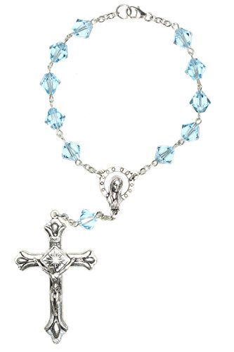 Aquamarine Blue Austrian Crystal One Decade Catholic Prayer AUTO Rosary (March) -CLASP for Hanging- Includes Holy Card & Birth month meaning -Communion, Confirmation, RCIA, Birthday, Easter more