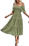 Women's Casual Summer Dress 2025 Square Neck Flutter Sleeve Smocked Tiered Midi Dress Swiss Dot Boho Flowy Dresses Green Large