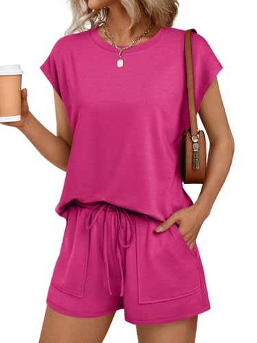 AUTOMET Womens Lounge Two 2 piece Sets Summer Outfits 2025 Loungewear Matching Beach Vacation Clothes Sweatsuits Sweat Pajamas Pjs Romper Top Shorts Fashion Trendy Travel Teen Clothing Hot Pink M