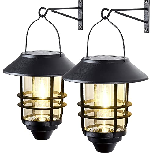 2 Pack Solar Lights Outdoor Lanterns,Waterproof Hanging Solar Lights Lantern Glass Metal with Wall Mount Kit, Garden Lanterns Solar Powered for Outdoor, Fence, Front Porch Exterior Lighting