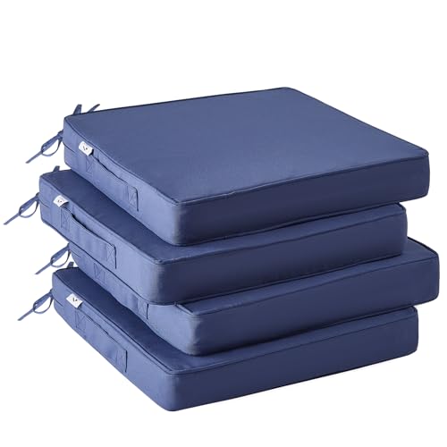 IPYNBAP Outdoor Chair Cushions Set of 4, Waterproof Outdoor Seat Cushions for Patio Furniture, Patio Chair Cushion with Handle and Ties, Square Out Door Chair Pads,19" x 19" x 3", Navy Blue