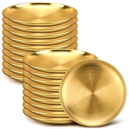 Nuogo 20 Pieces Stainless Steel Gold Plates 6.5 Inch Gold Dinner Plates Metal Serving Tray Dessert Dishes for BBQ, Salad, Snack, Desserts, Food Serving, Outdoor Camping